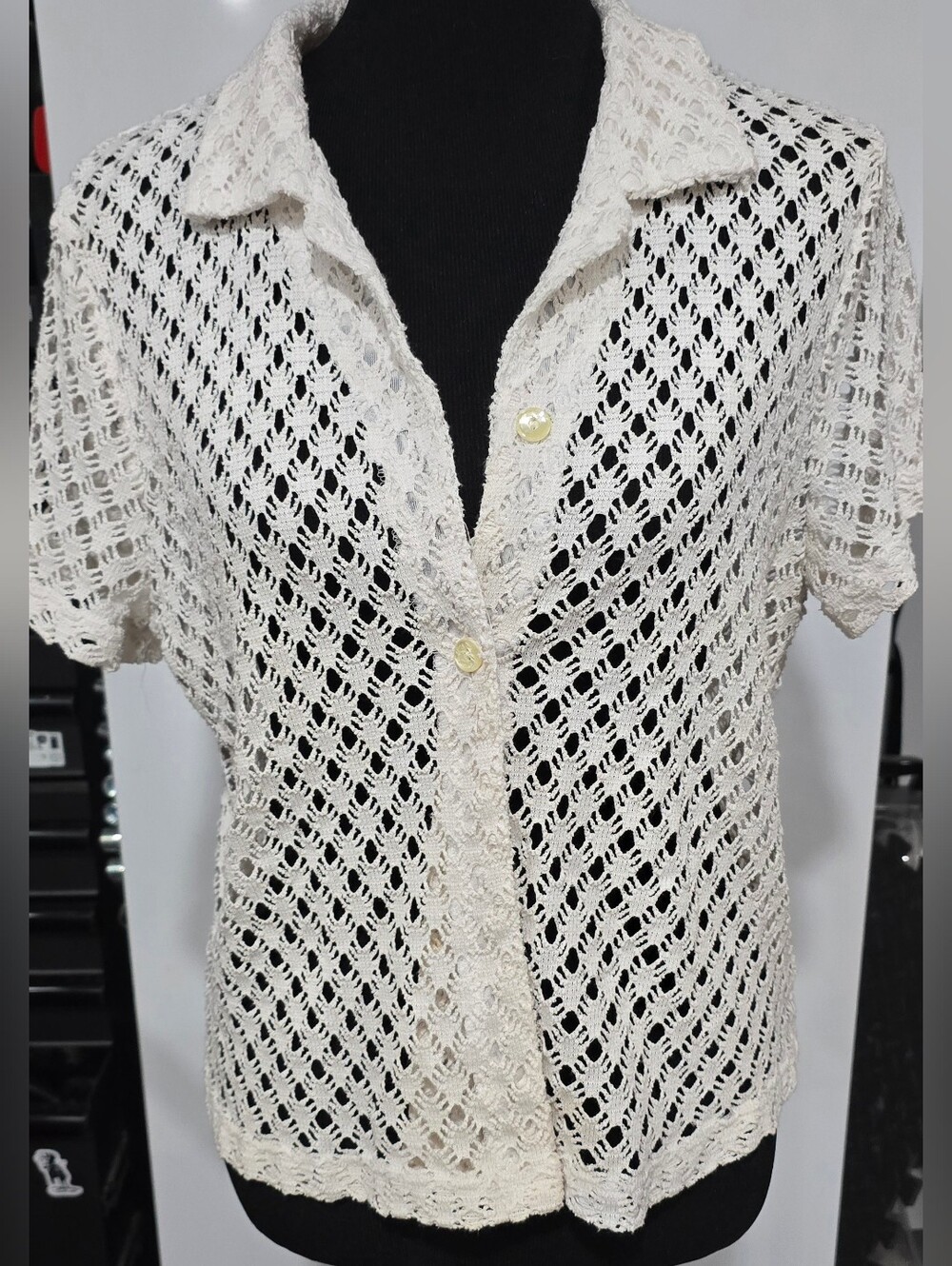 En Focus Studio Vintage Ivory Crochet Button Down Top - Short Sleeve